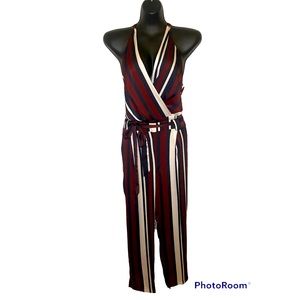 Blocked Striped Waist Tie Jumpsuit